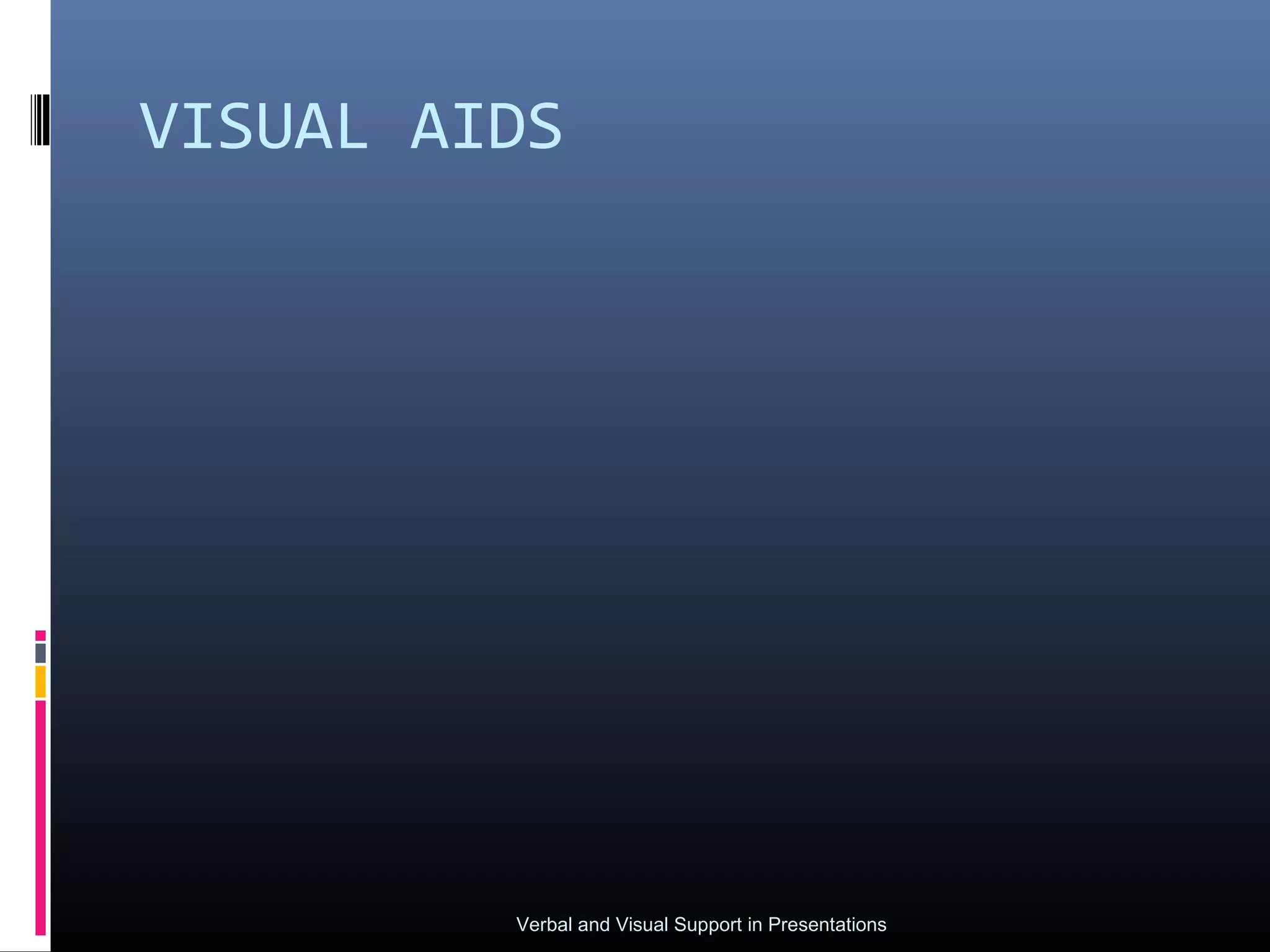 VISUAL AIDS




         Verbal and Visual Support in Presentations
 