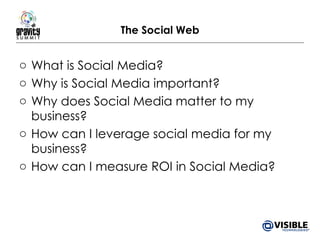 The Social Web What is Social Media? Why is Social Media important? Why does Social Media matter to my business? How can I leverage social media for my business? How can I measure ROI in Social Media? 