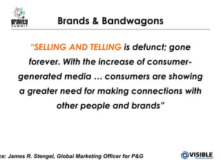 Brands & Bandwagons “ SELLING AND TELLING  is defunct; gone forever. With the increase of consumer-generated media … consumers are showing a greater need for making connections with other people and brands” Source: James R. Stengel, Global Marketing Officer for P&G 