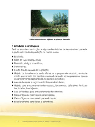 11 Viveiros florestais: projeto, instalação, manejo e comercialização
Quebra-vento ou cortina vegetada de proteção em viveiro.
.
f) Estruturas e construções
Será necessária a construção de algumas benfeitorias na área do viveiro para dar
suporte à atividade de produção de mudas, como:
 Escritório;
 Casa do viveirista (opcional);
 Refeitório, abrigos e sanitários;
 Sementeiras;
 Estufa, telado ou casa de vegetação;
 Galpão de trabalho onde serão efetuados o preparo do substrato, entubeta-
mento, enchimento dos tubetes e semeadura (pode ser no galpão ou, após o
encanteiramento das bandejas, no canteiro definitivo);
 Área de bateção, lavagem e esterilização dos tubetes;
 Galpão para armazenamento de substrato, ferramentas, defensivos, fertilizan-
tes, tubetes, bandejas etc;
 Sala climatizada para armazenamento de sementes;
 Caixa d’água ou reservatório para irrigação;
 Caixa d’água ou reservatório para adubação;
 Estacionamento para carros e caminhões.
 