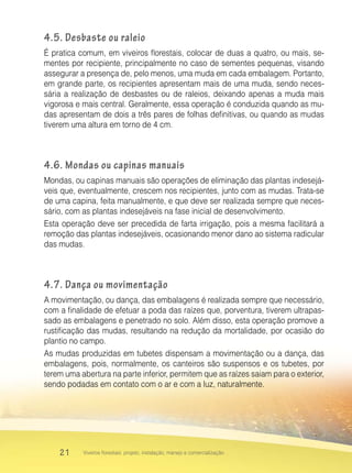 21 Viveiros florestais: projeto, instalação, manejo e comercialização
4.5. Desbaste ou raleio
É pratica comum, em viveiros florestais, colocar de duas a quatro, ou mais, se-
mentes por recipiente, principalmente no caso de sementes pequenas, visando
assegurar a presença de, pelo menos, uma muda em cada embalagem. Portanto,
em grande parte, os recipientes apresentam mais de uma muda, sendo neces-
sária a realização de desbastes ou de raleios, deixando apenas a muda mais
vigorosa e mais central. Geralmente, essa operação é conduzida quando as mu-
das apresentam de dois a três pares de folhas definitivas, ou quando as mudas
tiverem uma altura em torno de 4 cm.
4.6. Mondas ou capinas manuais
Mondas, ou capinas manuais são operações de eliminação das plantas indesejá-
veis que, eventualmente, crescem nos recipientes, junto com as mudas. Trata-se
de uma capina, feita manualmente, e que deve ser realizada sempre que neces-
sário, com as plantas indesejáveis na fase inicial de desenvolvimento.
Esta operação deve ser precedida de farta irrigação, pois a mesma facilitará a
remoção das plantas indesejáveis, ocasionando menor dano ao sistema radicular
das mudas.
4.7. Dança ou movimentação
A movimentação, ou dança, das embalagens é realizada sempre que necessário,
com a finalidade de efetuar a poda das raízes que, porventura, tiverem ultrapas-
sado as embalagens e penetrado no solo. Além disso, esta operação promove a
rustificação das mudas, resultando na redução da mortalidade, por ocasião do
plantio no campo.
As mudas produzidas em tubetes dispensam a movimentação ou a dança, das
embalagens, pois, normalmente, os canteiros são suspensos e os tubetes, por
terem uma abertura na parte inferior, permitem que as raízes saiam para o exterior,
sendo podadas em contato com o ar e com a luz, naturalmente.
 