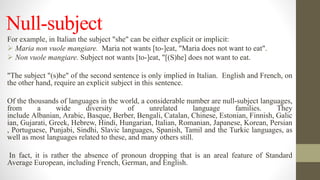 Null-subject
For example, in Italian the subject "she" can be either explicit or implicit:
 Maria non vuole mangiare. Maria not wants [to-]eat, "Maria does not want to eat".
 Non vuole mangiare. Subject not wants [to-]eat, "[(S)he] does not want to eat.
"The subject "(s)he" of the second sentence is only implied in Italian. English and French, on
the other hand, require an explicit subject in this sentence.
Of the thousands of languages in the world, a considerable number are null-subject languages,
from a wide diversity of unrelated language families. They
include Albanian, Arabic, Basque, Berber, Bengali, Catalan, Chinese, Estonian, Finnish, Galic
ian, Gujarati, Greek, Hebrew, Hindi, Hungarian, Italian, Romanian, Japanese, Korean, Persian
, Portuguese, Punjabi, Sindhi, Slavic languages, Spanish, Tamil and the Turkic languages, as
well as most languages related to these, and many others still.
In fact, it is rather the absence of pronoun dropping that is an areal feature of Standard
Average European, including French, German, and English.
 