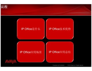 议程




     IP Office是什么    IP Office技术优势




     IP Office应用场景   IP Office应用总结



                       Proprietary and Confidential   © 2010 Avaya Inc. All rights reserved.
                                                                                               2
 