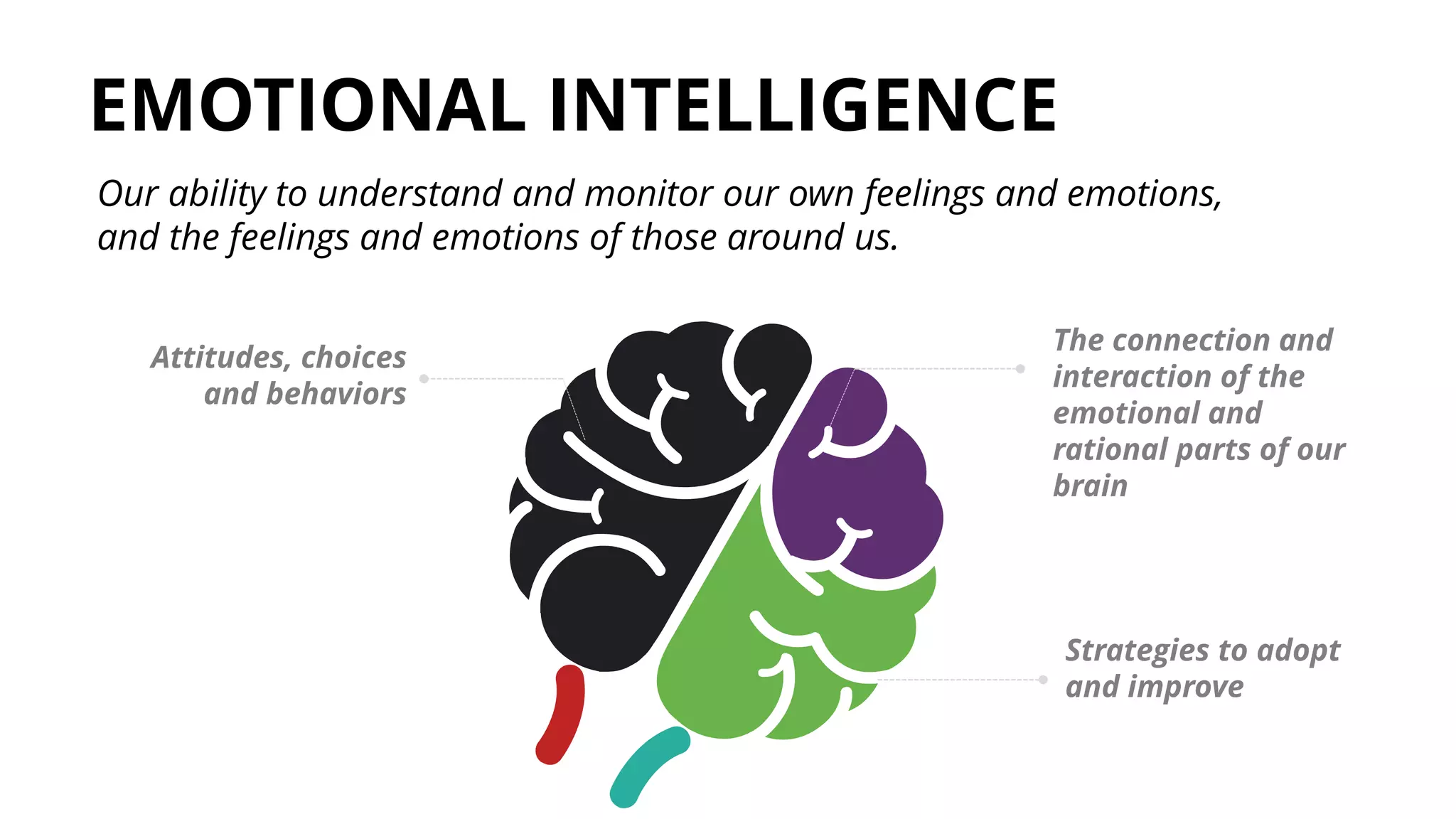 EMOTIONAL INTELLIGENCE
Our ability to understand and monitor our own feelings and emotions,
and the feelings and emotions of those around us.
The connection and
interaction of the
emotional and
rational parts of our
brain
Strategies to adopt
and improve
Attitudes, choices
and behaviors
 
