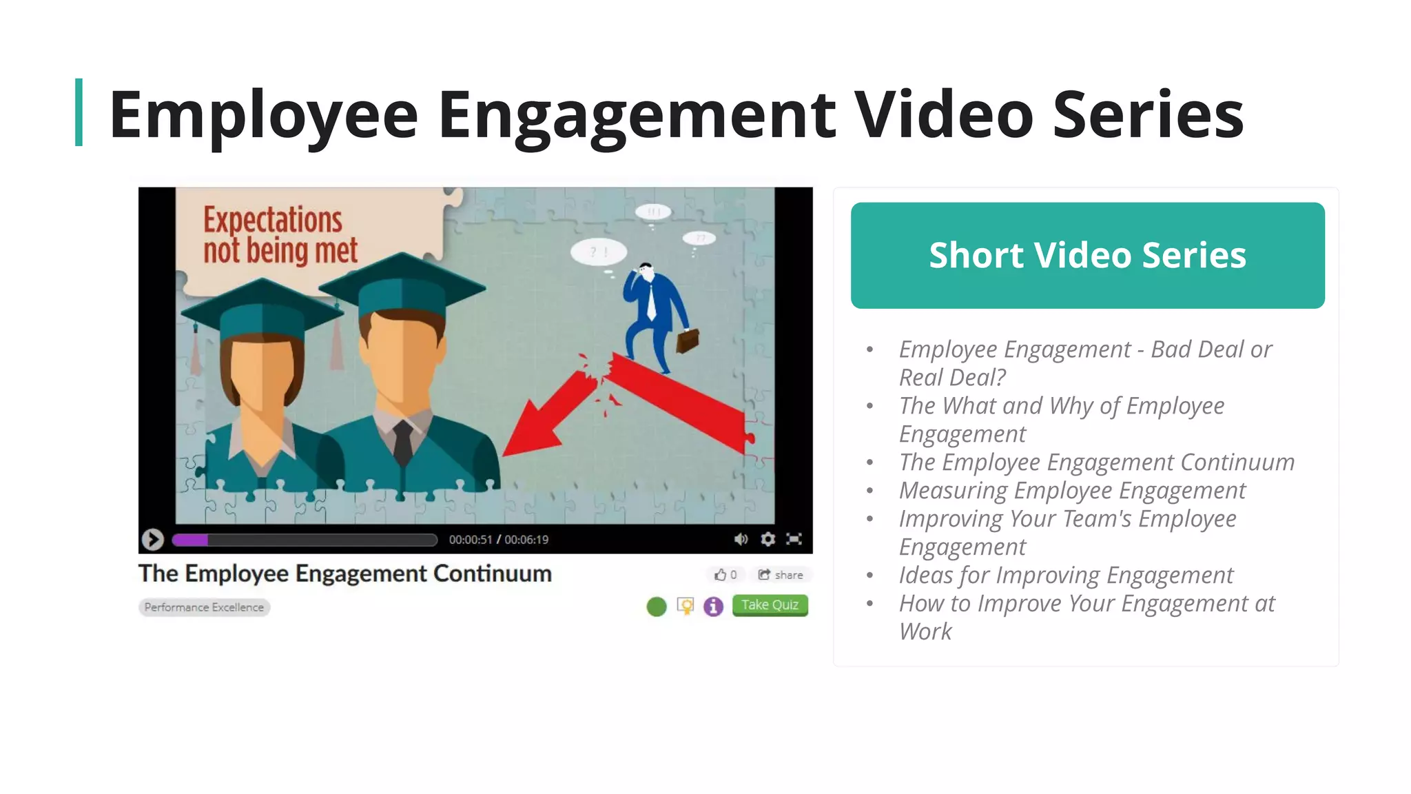 Employee Engagement Video Series
Short Video Series
• Employee Engagement - Bad Deal or
Real Deal?
• The What and Why of Employee
Engagement
• The Employee Engagement Continuum
• Measuring Employee Engagement
• Improving Your Team's Employee
Engagement
• Ideas for Improving Engagement
• How to Improve Your Engagement at
Work
 