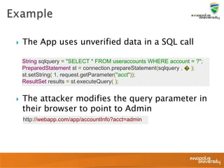  The App uses unverified data in a SQL call
 The attacker modifies the query parameter in
their browser to point to Admin
String sqlquery = "SELECT * FROM useraccounts WHERE account = ?";
PreparedStatement st = connection.prepareStatement(sqlquery , � );
st.setString( 1, request.getParameter("acct"));
ResultSet results = st.executeQuery( );
http://webapp.com/app/accountInfo?acct=admin
 