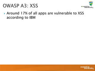  Around 17% of all apps are vulnerable to XSS
according to IBM
 