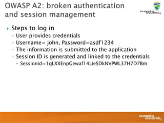  Steps to log in
◦ User provides credentials
◦ Username= john, Password=asdf1234
◦ The information is submitted to the application
◦ Session ID is generated and linked to the credentials
 Sessionid=1gLXXEnpGewaf14LieSDkNVPWL37H7D7Bm
 