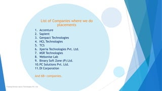 List of Companies where we do
placements
1. Accenture
2. Sapient
3. Genpact Technologies
4. HCL Technologies
5. TCS
6. Xperia Technologies Pvt. Ltd.
7. MSR Technologies
8. Webonise Lab
9. Binary Soft Zone (P) Ltd.
10.PC Solutions Pvt. Ltd.
11.DI Corporation
And 68+ companies.
Training Division Xperia Technologies Pvt. Ltd.
 