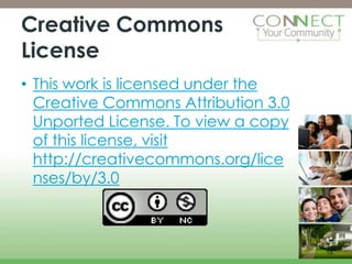 Creative Commons
License
• This work is licensed under the
  Creative Commons Attribution 3.0
  Unported License. To view a copy
  of this license, visit
  http://creativecommons.org/lice
  nses/by/3.0



                                     15
 