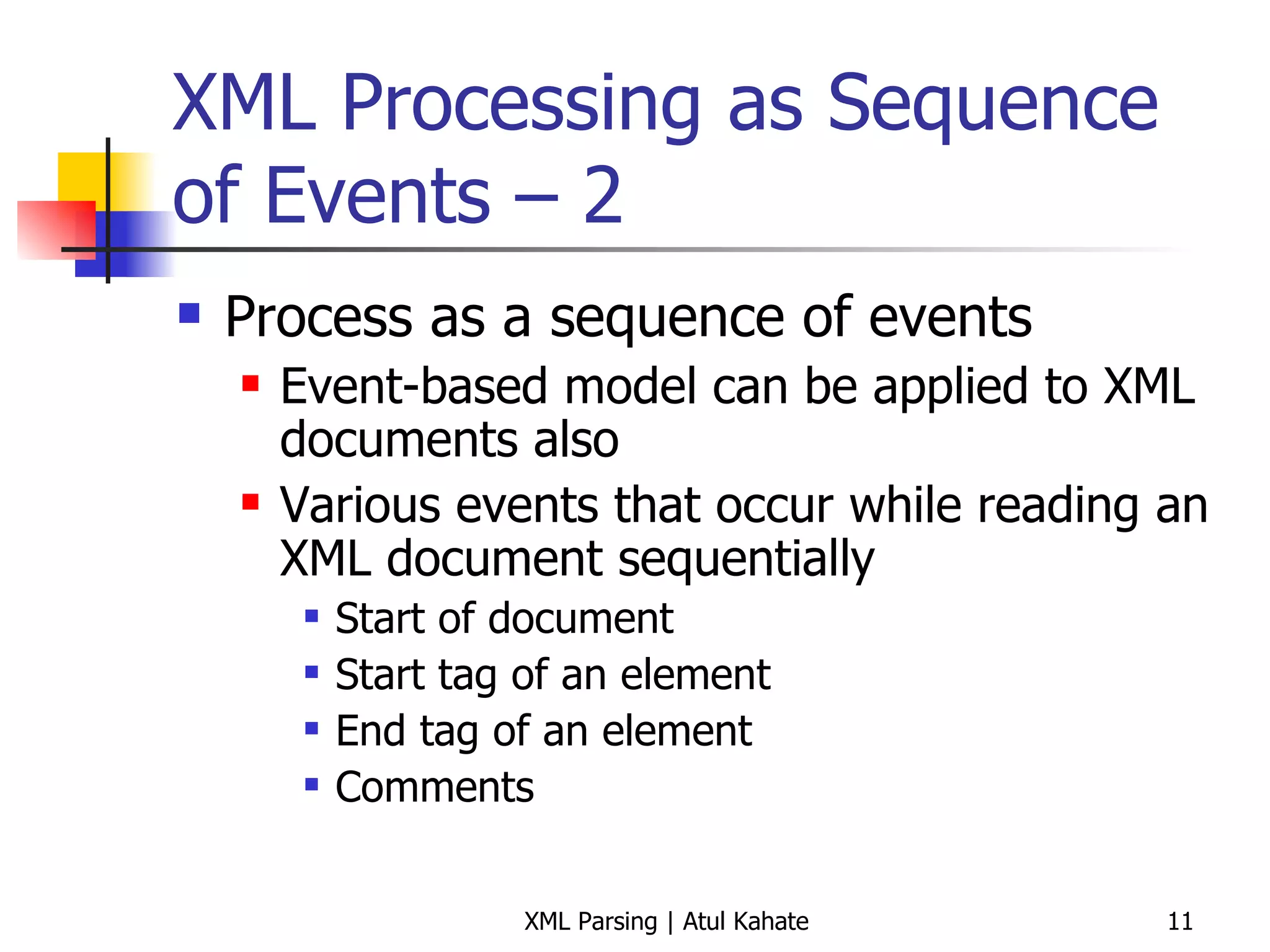 XML Processing as Sequence of Events – 2 Process as a sequence of events Event-based model can be applied to XML documents also Various events that occur while reading an XML document sequentially Start of document Start tag of an element End tag of an element Comments 