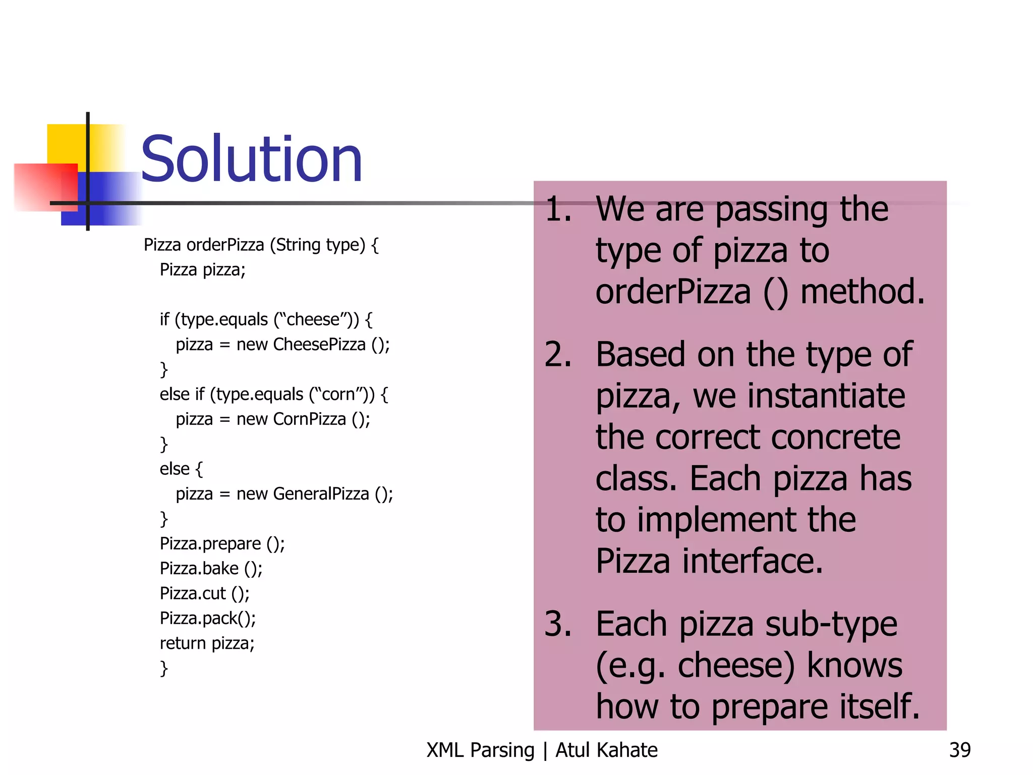 Solution Pizza orderPizza (String type) { Pizza pizza; if (type.equals (“cheese”)) { pizza = new CheesePizza (); } else if (type.equals (“corn”)) { pizza = new CornPizza (); } else { pizza = new GeneralPizza (); } Pizza.prepare (); Pizza.bake (); Pizza.cut (); Pizza.pack(); return pizza; } We are passing the type of pizza to orderPizza () method. Based on the type of pizza, we instantiate the correct concrete class. Each pizza has to implement the Pizza interface. Each pizza sub-type (e.g. cheese) knows how to prepare itself. 