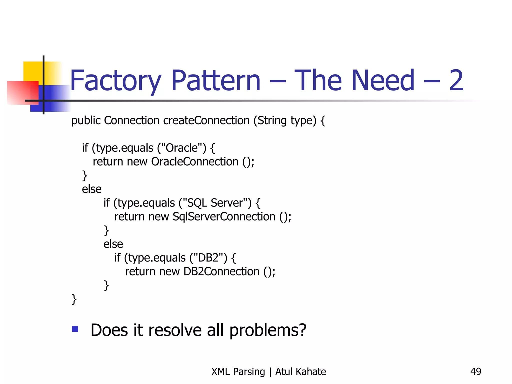 Factory Pattern – The Need – 2 public Connection createConnection (String type) { if (type.equals (&quot;Oracle&quot;) { return new OracleConnection (); } else if (type.equals (&quot;SQL Server&quot;) { return new SqlServerConnection (); } else if (type.equals (&quot;DB2&quot;) { return new DB2Connection (); } } Does it resolve all problems? 