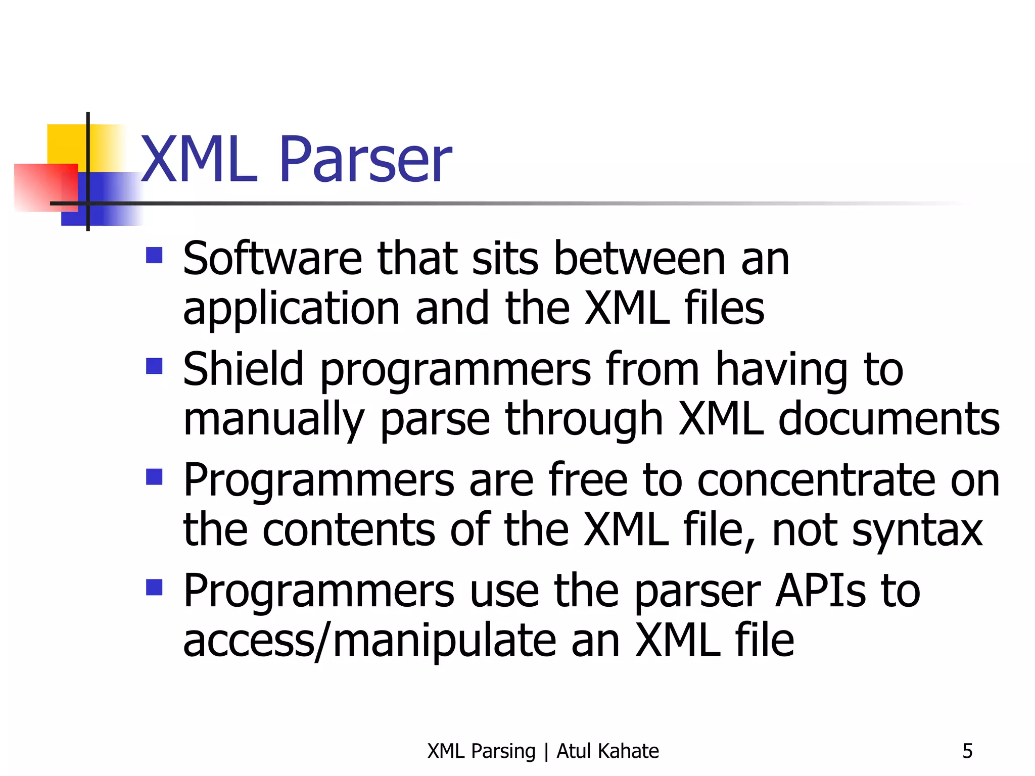 XML Parser Software that sits between an application and the XML files Shield programmers from having to manually parse through XML documents Programmers are free to concentrate on the contents of the XML file, not syntax Programmers use the parser APIs to access/manipulate an XML file 