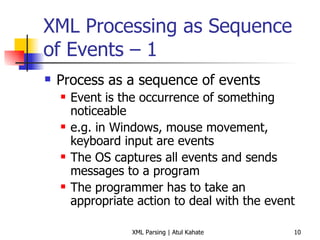 XML Processing as Sequence of Events – 1 Process as a sequence of events Event is the occurrence of something noticeable e.g. in Windows, mouse movement, keyboard input are events The OS captures all events and sends messages to a program The programmer has to take an appropriate action to deal with the event 