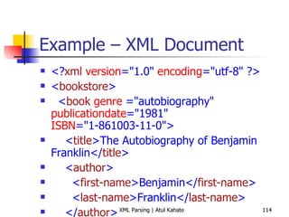 Example – XML Document <? xml   version =&quot;1.0&quot;  encoding =&quot;utf-8&quot; ?> < bookstore > < book   genre  =&quot;autobiography&quot;  publicationdate =&quot;1981&quot;  ISBN =&quot;1-861003-11-0&quot;> < title >The Autobiography of Benjamin Franklin</ title > < author > < first-name >Benjamin</ first-name > < last-name >Franklin</ last-name > </ author > < price >8.99</ price > </ book > < book   genre  =&quot;novel&quot;  publicationdate =&quot;1967&quot;  ISBN =&quot;0-201-65512-2&quot;> < title >The Confidence Man</ title > < author > < first-name >Herman</ first-name > < last-name >Melville</ last-name > </ author > < price >11.99</ price > </ book > < book   genre  =&quot;philosophy&quot;  publicationdate =&quot;1991&quot;  ISBN =&quot;1-861001-57-6&quot;> < title >The Gorgias</ title > < author > < first-name >Sidas</ first-name > < last-name >Plato</ last-name > </ author > < price >9.99</ price > </ book > </ bookstore > 