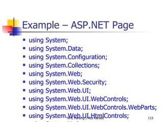 Example – ASP.NET Page using System; using System.Data; using System.Configuration; using System.Collections; using System.Web; using System.Web.Security; using System.Web.UI; using System.Web.UI.WebControls; using System.Web.UI.WebControls.WebParts; using System.Web.UI.HtmlControls; using System.Xml; using System.IO; public partial class  XMLReader2 : System.Web.UI.Page { protected void Page_Load(object sender,  EventArgs e) { int bookCount = 0; XmlReaderSettings settings =  new  XmlReaderSettings(); settings.IgnoreWhitespace =  true; settings.IgnoreComments = true; string booksFile =  Path.Combine(Request.PhysicalApplicationPath,  &quot;Books.xml&quot;); using ( XmlReader reader = XmlReader.Create(booksFile, settings)) { while (reader.Read()) { if (reader.NodeType ==  XmlNodeType.Element &&  &quot;book&quot; == reader.LocalName) { bookCount++; } } } Response.Write( String.Format( &quot;Found {0} books!&quot;, bookCount)); } } 