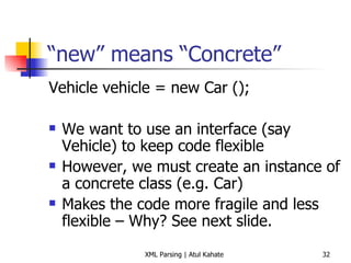 “ new” means “Concrete” Vehicle vehicle = new Car (); We want to use an interface (say Vehicle) to keep code flexible However, we must create an instance of a concrete class (e.g. Car) Makes the code more fragile and less flexible – Why? See next slide. 