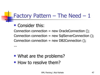 Factory Pattern – The Need – 1  Consider this: Connection connection = new OracleConnection (); Connection connection = new SqlServerConnection (); Connection connection = new DB2Connection (); ... What are the problems? How to resolve them? 