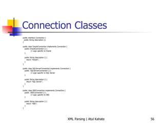Connection Classes public interface Connection { public String description (); } public class OracleConnection implements Connection { public OracleConnection () {   // Logic specific to Oracle } public String description () { return &quot;Oracle&quot;; } } public class SQLServerConnection implements Connection { public  SQLServerConnection () {   // Logic specific to SQL Server } public String description () { return &quot;SQL Server&quot;; } } public class DB2Connection implements Connection { public  DB2Connection () {   // Logic specific to DB2 } public String description () { return &quot;DB2&quot;; } } 