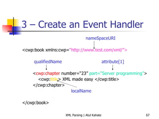 3 – Create an Event Handler nameSpaceURI <cwp:book xmlns:cwp= “http://www.test.com/xml/”>   qualifiedName attribute[1] < cwp:chapter  number=“23”  part=“Server programming” > <cwp: title > XML made easy </cwp:title> </cwp:chapter>   localName </cwp:book> 