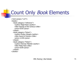 Count Only  Book  Elements <?xml version=&quot;1.0&quot;?> <books> <book category=&quot;reference&quot;> <author>Nigel Rees</author> <title>Sayings of the Century</title> <price>8.95</price> </book> <book category=&quot;fiction&quot;> <author>Evelyn Waugh</author> <title>Sword of Honour</title> <price>12.99</price> </book> <book category=&quot;fiction&quot;> <author>Herman Melville</author> <title>Moby Rick</title> <price>8.99</price> </book> </books> 