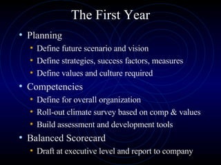 The First Year Planning Define future scenario and vision Define strategies, success factors, measures Define values and culture required Competencies Define for overall organization Roll-out climate survey based on comp & values Build assessment and development tools Balanced Scorecard Draft at executive level and report to company 