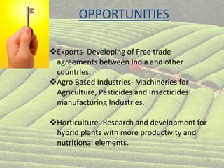 OPPORTUNITIES
Exports- Developing of Free trade
agreements between India and other
countries.
Agro Based Industries- Machineries for
Agriculture, Pesticides and Insecticides
manufacturing Industries.
Horticulture- Research and development for
hybrid plants with more productivity and
nutritional elements.
10
 