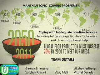 MANTHAN TOPIC : SOWING PROSPERITY
TEAM DETAILS
Gaurav Bhanarkar Akshay Jadhavar
Vaibhav Arwari Vijay Mali Vitthal Darade
Coping with Inadequate non-firm Services
Providing better storage facilities for farmers
and other institutional help
 