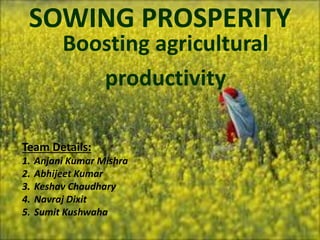 SOWING PROSPERITY
Boosting agricultural
productivity
Team Details:
1. Anjani Kumar Mishra
2. Abhijeet Kumar
3. Keshav Chaudhary
4. Navraj Dixit
5. Sumit Kushwaha
 