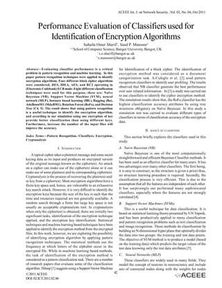 ACEEE Int. J. on Network Security , Vol. 02, No. 04, Oct 2011



        Performance Evaluation of Classifiers used for
            Identification of Encryption Algorithms
                                            Suhaila Omer Sharif1, Saad P. Mansoor2
                                1,2
                                      School of Computer Science, Bangor University, Bangor, UK
                                                     1
                                                       s.o.sharif@bangor.ac.uk
                                                    2
                                                      s.mansoor@bangor.ac.uk


Abstract—Evaluating classifier performance is a critical                for Identification of a block cipher. The identification of
problem in pattern recognition and machine learning. In this            encryption method was considered as a document
paper pattern recognition techniques were applied to identify           categorization task. A.Cufoglu et al. [2] used pattern
encryption algorithms. Four different block cipher algorithms           recognition classifiers to identify user profiling. The results
were considered, DES, IDEA, AES, and RC2 operating in
                                                                        observed that NB classifier generate the best performance
(Electronic Codebook) ECB mode. Eight different classification
techniques were used for this purpose, these are: Naïve                 over user related information. In [3] a study was carried out
Bayesian (NB), Support Vector Machine (SVM), neural                     to use classifiers to identify the cipher encryption method.
network (MLP), Instance based learning (IBL), Bagging (Ba),             The simulation results show that, the RoFo classifier has the
AdaBoostM1 (MdaBM1), Rotation Forest (RoFo), and Decision               highest classification accuracy attributes by using tree
Tree (C4. 5). The result shows that using pattern recognition           structures obligatory on Naïve Bayesian. In this study a
is a useful technique to identify the encryption algorithm,             simulation test was carried to evaluate different types of
and according to our simulation using one encryption of key             classifiers in terms of classification accuracy of the encryption
provide better classification than using different keys.                data.
Furthermore, increase the number of the input files will
improve the accuracy.
                                                                                           II.   BASICS OF CLASSIFIERS

Index Terms—Pattern Recognition, Classifiers, Encryption,                  This section briefly explains the classifiers used in this
Cryptanalysis                                                           study.
                       I. INTRODUCTION                                  A. Naive Bayesian (NB)
    A typical cipher takes a plaintext message and some secret               Naïve Bayesian is one of the most computationally
keying data as its input and produces an encrypted version              straightforward and efficient Bayesian Classifier methods. It
of the original message known as the ciphertext. An attack              has been used as an effective classifier for many years. It has
on a cipher can make use of the ciphertext alone or it can              two advantages over many other classifiers. The first being,
make use of some plaintext and its corresponding ciphertext.            it is easy to construct, as the structure is given a priori thus,
Cryptanalysis is the process of recovering the plaintext and/           no structure learning procedure is required. Secondly, the
or key from a ciphertext. Most encryption algorithms have a             classification process is very efficient. This is due to the
finite key space and, hence, are vulnerable to an exhaustive            assumption that all the features are independent of each other.
key search attack. However, it is very difficult to identify the        It has surprisingly out performed many sophisticated
encryption keys because the size of the key is such that the            classifiers, especially where the features are not strongly
time and resources required are not generally available. A              correlated [4].
random search through a finite but large key space is not               B. Support Vector Machines (SVMs)
usually an acceptable cryptanalysts tool. In cryptanalysis                  This is a useful technique for data classification. It is
when only the ciphertext is obtained, there are initially two           based on statistical learning theory presented by V.N.Vapnik,
significant tasks, identification of the encryption technique           and has been productively applied to many classification
applied, and the encryption key identification. Statistical             and pattern recognition problems such as text classification
techniques and machine learning based techniques have been              and image recognition. These methods do classification by
applied to identify the encryption method from the encrypted            building an N-dimensional hyper plane that optimally divides
files. In this work, however, we are exploring the possibility          the data into two groups: the training and test data points.
of identifying encryption algorithm by applying pattern                 The objective of SVM method is to produce a model (based
recognition techniques. The statistical methods use the                 on the training data) which predicts the target values of the
frequency at which letters of the alphabet occur in the                 test data knowing only the test data attributes [5].
encrypted file. While in machine learning based methods,
the task of identification of the encryption method is                  C. Neural Networks (MLP)
considered as a pattern classification task. There are a number             These classifiers are widely used in many fields. They
of research papers that evaluate some of the classification             model the concept of neurons in neuroscience and include
algorithm. Dileep [1] suggests using a Support Vector Machine           sets of connected nodes along with the weights for nodes
© 2011 ACEEE                                                       42
DOI: 02.ICT.2011.02.60
 
