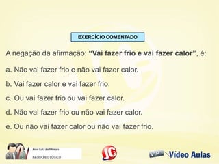 EXERCÍCIO COMENTADO
A negação da afirmação: “Vai fazer frio e vai fazer calor”, é:
a. Não vai fazer frio e não vai fazer calor.
b. Vai fazer calor e vai fazer frio.
c. Ou vai fazer frio ou vai fazer calor.
d. Não vai fazer frio ou não vai fazer calor.
e. Ou não vai fazer calor ou não vai fazer frio.
 