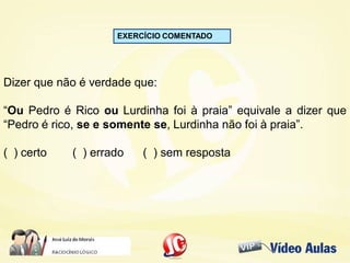 EXERCÍCIO COMENTADO
Dizer que não é verdade que:
“Ou Pedro é Rico ou Lurdinha foi à praia” equivale a dizer que
“Pedro é rico, se e somente se, Lurdinha não foi à praia”.
( ) certo ( ) errado ( ) sem resposta
 