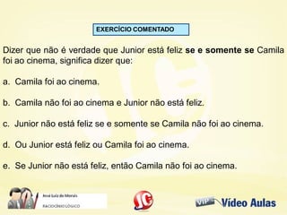 EXERCÍCIO COMENTADO
Dizer que não é verdade que Junior está feliz se e somente se Camila
foi ao cinema, significa dizer que:
a. Camila foi ao cinema.
b. Camila não foi ao cinema e Junior não está feliz.
c. Junior não está feliz se e somente se Camila não foi ao cinema.
d. Ou Junior está feliz ou Camila foi ao cinema.
e. Se Junior não está feliz, então Camila não foi ao cinema.
 