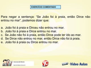 EXERCÍCIO COMENTADO
Para negar a sentença: “Se João foi à praia, então Dirce não
entrou no mar”, podemos dizer que:
a. João foi à praia e Dirceu não entrou no mar.
b. João foi à praia e Dirce entrou no mar.
c. Se João não foi à praia, então Dirce pode ter ido ao mar.
d. Se Dirce não entrou no mar, então Dirce não foi à praia.
e. João foi à praia ou Dirce entrou no mar.
 