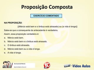 Proposição CompostaProposição Composta
NA PROPOSIÇÃO:
[(Márcio está bem e o ônibus está atrasado) ou (a vida é longa)]
Sabe-se que a consequente da antecedente é verdadeira.
Assim, essa proposição verdadeira é:
a. Márcio está bem.
b. Márcio está bem e o ônibus está atrasado.
c. O ônibus está atrasado.
d. Márcio está bem ou a vida é longa.
e. A vida é longa.
EXERCÍCIO COMENTADO
 
