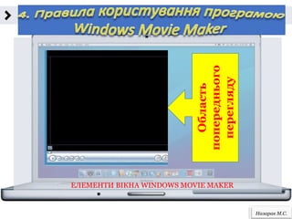 Назарак М.С.
ЕЛЕМЕНТИ ВІКНА WINDOWS MOVIE MAKER
Область
попереднього
перегляду
 