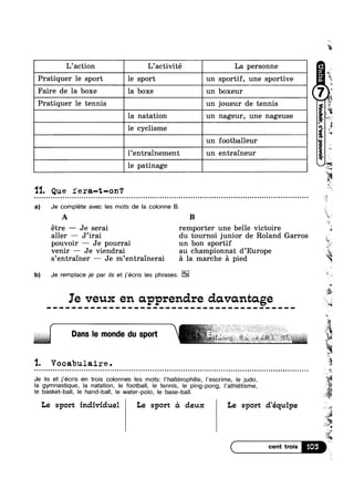 L’acti0n L’activité La personne
Pratiquer le sport 1e sport un sportif, une sportive
Faire de la boxe la boxe un boxeur Z
Pratiquer le tennis L un joueur de tennis
la natation un nageur, une nageuse
1e cyclisme 
un footballeur
Pentrainement un entraineur
le patinage
11 Que fera-t-on?n o Q ¢ o a ~ n o u u u n o o u o n n o c n n o n v c u o n o o o c n u c o e u Q ¢ Q Q Q Q u | ¢ n Q Q Q Q Q - ¢ - - | ¢ - - ¢ Q n | u o u u o Q n u Q u o n o u o Q u o o u u Q u n o n n n u o u o ~ Q Q Q u ¢ n Q Q Q Q Q Q - Q 0|
a) Je complete avec Ies mots de la colonne B.
Q.21
51
'5>
K»
A B *1
étre —— Je serai remporter une belle victoire
aller J’irai du tournoi junior de Roland Garros
pouvoir — Je pourrai un bon sportif
venir — Je viendrai au championnat d’Europe
s’entrainer — Je m’entrainerai 51 la marche 51 pied
b) Je remplace je par ils et j‘écris Ies phrases.
Ie veux en apprendre davantage
1 Vocabulaire.
la gymnastique, la natation, Ie football, le tennis, Ie ping-pong, Pathlétisme,
le basket-ball, le hand-ball, le water-polo, le base-ball.
Le sport indivicluel Le sport cl deux Le sport d’équipe
5-
‘E
r§
t
‘B
é
*1
‘Q
D3“ '° '“°"d° d" $P°"
L1“
Je lis et j’écris en trois colonnes Ies mots: I’ha|térophilie, l’escrime, le judo,
 
