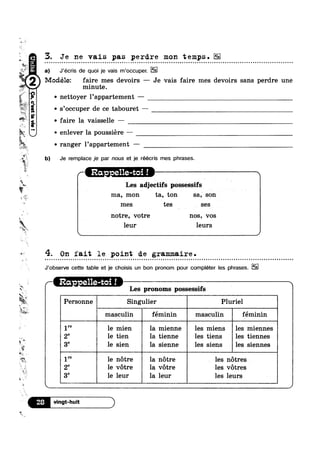 x e . . . .
3%,. 3 vle s1en la s1enne A les s1ens V les slennes
»
2
i 2*
_:»~»,.;;,
»
n1‘J§TT
~11 ‘>4
Aas
;;r~@~r~§.?»"*@
E‘‘1
0‘yr
z=1»=1was‘w?4!‘-1n
~ ranger Pappartement —
3. Je ne vais pas perdre mon temps. EE
a) J’écris de quoi je vais m'occuper.
Modélez faire mes devoirs — Je vais faire mes devoirs sans perdre une
minute.
» 9
v nettoyer 1 appartement —
' s’0ccuper de ce tabouret —
v faire la vaisselle —
enlever la poussiére —
b) Je remplace je par nous et je réécris mes phrases.
Ra - e11e—toi !
~& V
%¢
*.
leur leurs
Les adjectlfs possessifs
ma, mon ta, ton sa; son
mes tes ses
notre, votre nos, vos
~ 4. On fait le point de grammaire.
“W.
"M.
v
* _ /
-.,...
~~mrv ‘
K 1"’ le
2 le
I
is ‘I
1"’ le nétre la n6tre ‘ les ntres
it 3° 1e leur la leur les leurs
~
U
J’obsen/e cette table et je choisis un bon pronom pour compléter les phrases. E2
/'" Ra e11e-toil 7 
Les pronoms possessifs
Personne L Singulier Pluriel
masculin féminin masculin féminin
<~ ' 
mien la mienne les miens les miennes
e tien la tienne les tiens les tiennes
2° le v6tre la v6tre les vétres
 