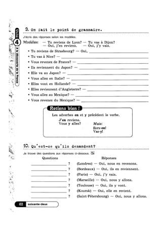¢
§*
¢_
3%?"
’%
1:
34% ~
‘e
F, .
i_:: ~.'
'?}:ir.»
$11, ‘fei-
+1.
F" Q
_"#_
1':,@;_éF*§
§s
< *4
%
»
¢>
J .
‘W
»r~:1
?4!“.C1
aapauarmoogpeVaoue.|=|
(
M, '
" I1%
9.0n fait le point de
J’écris des reponses selon les modéles.
grammaire.~ ~ a ~ u n o u J u ~ Q o - u u ~ - u n n n u o n u n Q ~ ¢ | o ~ e ~ Q o | n Q - o o o n o u u ~ o o o u ¢ ~ - ~ u u ¢ Q ¢ Q - Q ¢ Q - ¢ - - ¢ Q Q ¢ Q ¢ - - - - ¢ - » - ¢ u ¢ Q ¢ n u o u o u a o o o o o a o u o o e n o - o I0
Modelesz — Tu reviens de Lyon? — Tu vas a Dijon?
— Oui, j’en reviens.
' Tu reviens de Strasbourg? ——— Oui,
Tu vas a Nice? —
' Vous revenez de France? —
' Ils reviennent du Japon? ——-
' Elle va au Japon? -
° Vous allez en Italie? —
' Elles vont en Hollande? —
iv * Elles reviennent d’Ang1eterre? —
Vous allez au Mexique? —
Vous revenez du Mexique? -
¢ Retiens bier; !_ »
— Oui, j’y vais.
Les adverbes en et y précédent le verbe..
P"
'0
.,___
?.,’a
h 9 r
/Mi 9 '
~e"""*
§ x
? (Saint-Pétersbourg) —— Oui, nous y allons
4.
J’en reviens.
Vous y allez? Mais:
Sors-en!
Vas-y!
H 1Q. Qu'es1;-ce qu'ils demandent‘?
Questions
?
?
62
w
Je trouve des questlons aux reponses cl-dessous.
Réponses
? (Londres) — Oui, nous en revenons.
%
C? V
(Bordeaux) — Oui, ils en reviennent.
(Paris) — Oui, j’y vais.
1_Marseil1e) — Oui, nous y allons.
(Toulouse) — Oui, ils y vont.
(Koursk) —~ Oui, elle en revient.
 