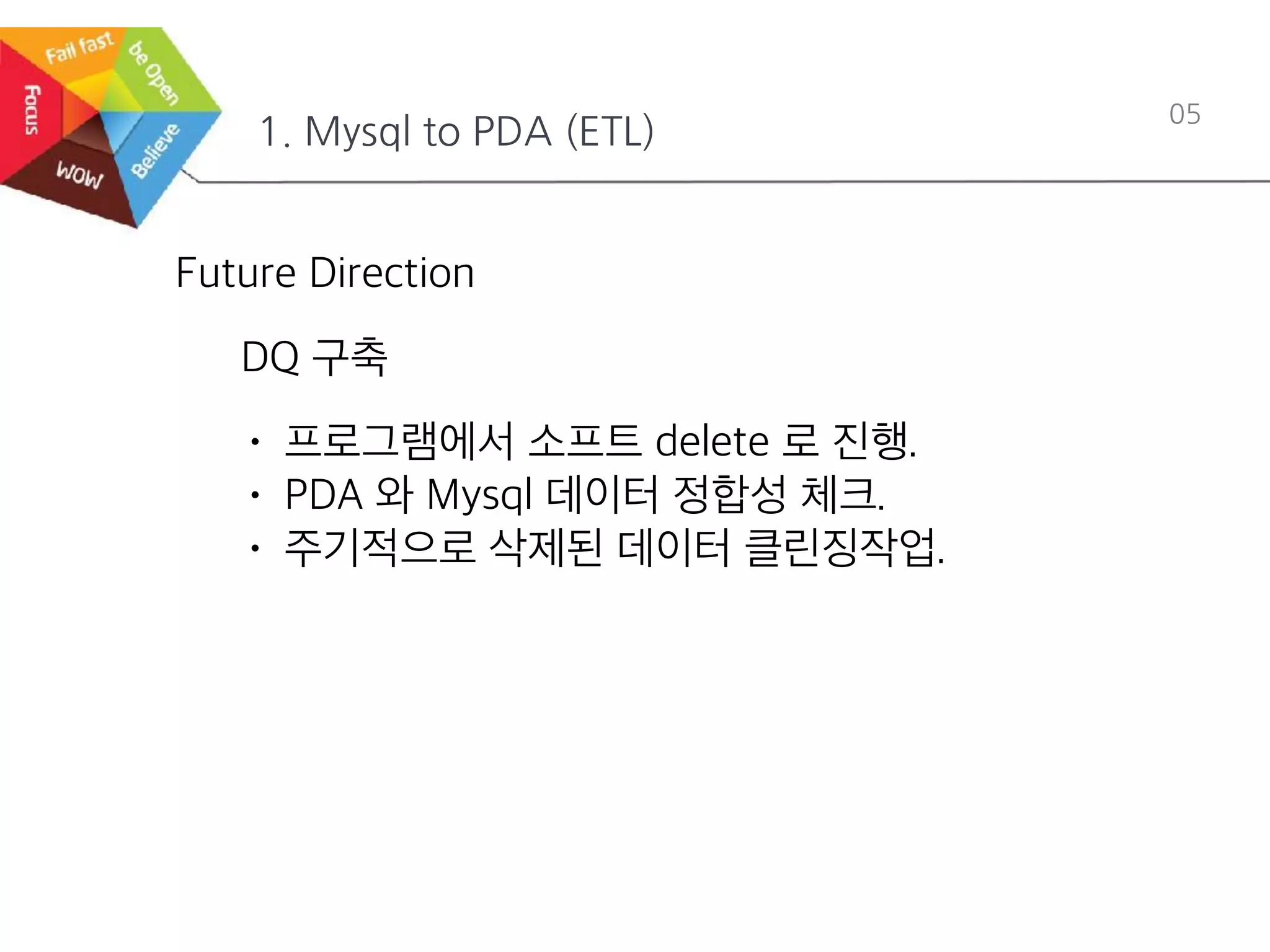 1. Mysql to PDA (ETL)
05
Future Direction
DQ 구축
• 프로그램에서 소프트 delete 로 진행.
• PDA 와 Mysql 데이터 정합성 체크.
• 주기적으로 삭제된 데이터 클린징작업.
 