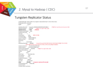 2. Mysql to Hadoop ( CDC)
07
Tungsten Replicator Status
tungsten@tungst-mdb-prod02-mp tungsten-replicator]$ trepctl -service beta status
Processing status command...
NAME VALUE
---- -----
appliedLastEventId : mysql-bin.000018:0000000243151388;-1 /적용된 bin-log filename & position 정보
appliedLastSeqno : 1397760 /적용된 THL log의 시퀀스 번호
appliedLatency : 1.004 /지연시간
autoRecoveryEnabled : false
autoRecoveryTotal : 0
channels : 1
clusterName : beta /클러스터이름
currentEventId : NONE
currentTimeMillis : 1406271486322
dataServerHost : 10.10.10.80
extensions :
host : 10.10.10.80
latestEpochNumber : 490494 /master와 slave간의 동기화가 잘 되고 있다면 같은 번호를 가지고 있지만,
번호가 틀려지게 되는 data누락으로 인식하고 offline으로 상태값이 변경된다.
masterConnectUri : thl://10.10.52.181:2112/
masterListenUri : thl://10.10.10.80:2113/
maximumStoredSeqNo : 1397760 /적용된 THL log의 시퀀스 번호
resourcePrecedence : 99
rmiPort : 10000
role : slave
seqnoType : java.lang.Long
serviceName : beta
serviceType : local
simpleServiceName : beta
siteName : default
sourceId : 10.10.10.80
state : ONLINE /tungsten replicator의 status값
timeInStateSeconds : 20162.482
transitioningTo :
Finished status command...
 