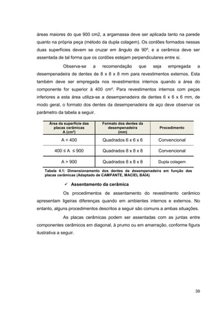 39
áreas maiores do que 900 cm2, a argamassa deve ser aplicada tanto na parede
quanto na própria peça (método da dupla colagem). Os cordões formados nessas
duas superfícies devem se cruzar em ângulo de 90º, e a cerâmica deve ser
assentada de tal forma que os cordões estejam perpendiculares entre si.
Observa-se a recomendação que seja empregada a
desempenadeira de dentes de 8 x 8 x 8 mm para revestimentos externos. Esta
também deve ser empregada nos revestimentos internos quando a área do
componente for superior à 400 cm². Para revestimentos internos com peças
inferiores a esta área utiliza-se a desempenadeira de dentes 6 x 6 x 6 mm, de
modo geral, o formato dos dentes da desempenadeira de aço deve observar os
parâmetro da tabela a seguir.
Área da superfície das
placas cerâmicas
A (cm²)
Formato dos dentes da
desempenadeira
(mm)
Procedimento
A < 400 Quadrados 6 x 6 x 6 Convencional
400 ≤ A ≤ 900 Quadrados 8 x 8 x 8 Convencional
A > 900 Quadrados 8 x 8 x 8 Dupla colagem
Tabela 4.1: Dimensionamento dos dentes da desempenadeira em função das
placas cerâmicas (Adaptado de CAMPANTE, MACIEL BAÍA)
Assentamento da cerâmica
Os procedimentos de assentamento do revestimento cerâmico
apresentam ligeiras diferenças quando em ambientes internos e externos. No
entanto, alguns procedimentos descritos a seguir são comuns a ambas situações.
As placas cerâmicas podem ser assentadas com as juntas entre
componentes cerâmicos em diagonal, à prumo ou em amarração, conforme figura
ilustrativa a seguir.
 