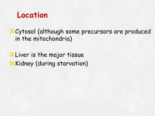 Cytosol (although some precursors are produced
in the mitochondria)
Liver is the major tissue
Kidney (during starvation)
Location
 