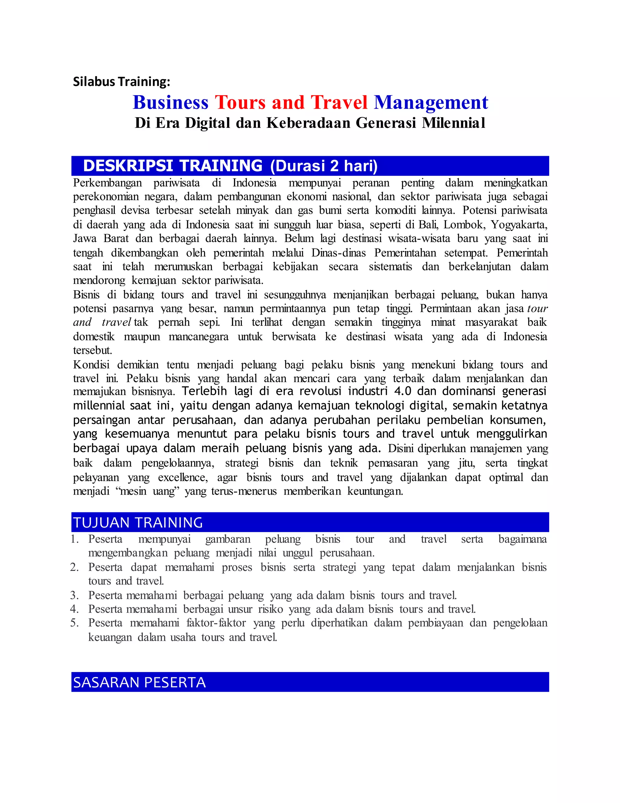 Silabus Training "Management of Business Tours and Travel" | PDF