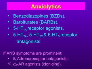 Anxiolytics
  •   Benzodiazepines (BZDs).
  •   Barbiturates (BARBs).
  •   5-HT1A receptor agonists.
  •   5-HT2A, 5-HT2C & 5-HT3 receptor
        antagonists.

If ANS symptoms are prominent:
   • ß-Adrenoreceptor antagonists.
   ∀ α2-AR agonists (clonidine).
 