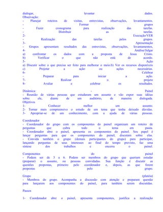 dialogar,
levantar
dados.
Observação:
Planejar
roteiros
de
visitas,
entrevistas,
observações,
levantamentos.
Formar
grupos
Fazer
cronograma
para
realização
das
tarefas.
Distribuir
as
tarefas.
2Execução/VER
Realização
das
tarefas
pelos
grupos.
3Apresentação
Grupos
apresentam
resultados
das
entrevistas,
observações,
levantamentos,
4Análise/Julgar
a)
confrontar
os
dados
com
a
proposta
de
Jesus
Cristo.
b)
Verificar
o
que
não
está
de
acordo.
5Ação
a) Discutir sobre o que precisa ser feito para melhorar o meio.b) Ver os recursos disponíveis
c)
Projetar
a
ação
ou
ações
necessárias.
6Celebrar
Preparar
para
iniciar
a
ação.
7Realizar
o
projeto
8Avaliar
e
celebrar
os
resultados.
Dinâmica:
Painel
- Reunião de várias pessoas que estudaram um assunto e vão expor suas idéias
sobre
ele,
diante
de
um
auditório,
de
maneira
dialogada.
Objetivos
1Conhecer
melhor
um
assunto.
2- Tornar mais compreensivo o estudo de um tema que tenha deixado dúvidas.
3Apropriar-se
de
um
conhecimento,
com
a
ajuda
de
várias
pessoas.
Coordenador
- Coordenador do grupo com os componentes do painel organizam um roteiro de
perguntas
que
cubra
todo
o
tema
em
pauta.
- Coordenador abre o painel, apresenta os componentes do painel. Seu papel é
lançar perguntas para que os componentes do painel, discutam sobre elas.
- Convida também o grupo (demais participantes do grupo) para participar,
lançando perguntas de seus interesses
ao final do tempo previsto, faz uma
síntese
dos
trabalhos
e
encerra
o
painel.
Componentes
do
- Podem ser de 3 a 6. Podem ser membros
(preparar)
o
assunto,
ou
pessoas
convidadas.
questões
propostas,
primeiro
pelo
coordenador
propostas
pelo
Grupo
- Membros do
para lançarem

grupo. Acompanha
aos componentes

a discussão
do painel,

painel
do grupo que queriam estudar
Sua
função
é
discutir
as
e,
depois,
as
que
forem
grupo.

(platéia)
com atenção e preparam questão
para também
serem discutidas.

Passos
1-

Coordenador

abre

o

painel,

apresenta

componentes,

justifica

a

realização

 