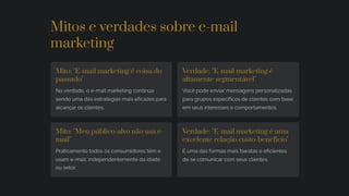 Mitos e verdades sobre e-mail
marketing
Mito: "E-mail marketing é coisa do
passado"
Na verdade, o e-mail marketing continua
sendo uma das estratégias mais eficazes para
alcançar os clientes.
Verdade: "E-mail marketing é
altamente segmentável"
Você pode enviar mensagens personalizadas
para grupos específicos de clientes com base
em seus interesses e comportamentos.
Mito: "Meu público-alvo não usa e-
mail"
Praticamente todos os consumidores têm e
usam e-mail, independentemente da idade
ou setor.
Verdade: "E-mail marketing é uma
excelente relação custo-benefício"
É uma das formas mais baratas e eficientes
de se comunicar com seus clientes.
 