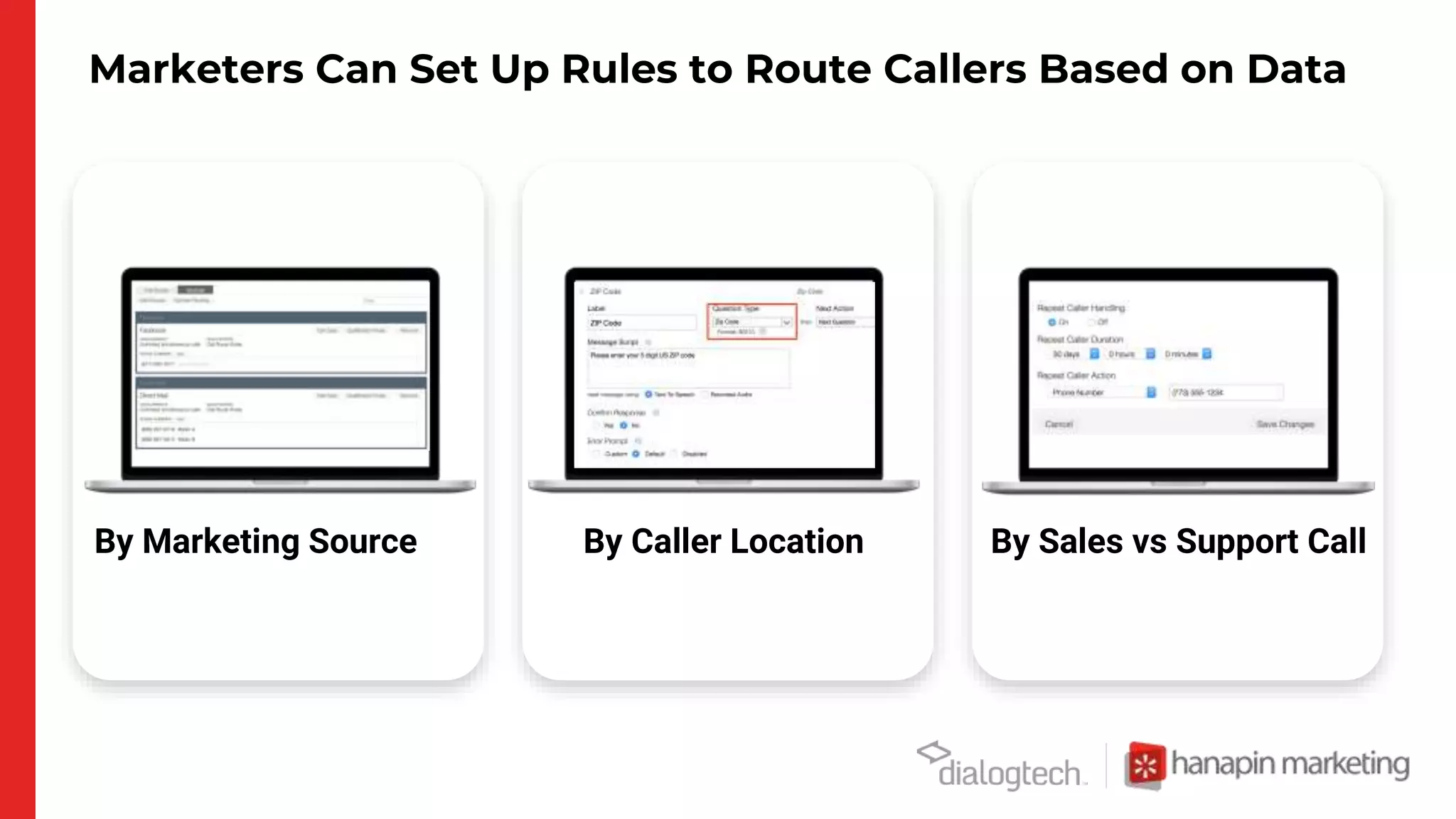 Marketers Can Set Up Rules to Route Callers Based on Data
By Marketing Source By Sales vs Support CallBy Caller Location
 
