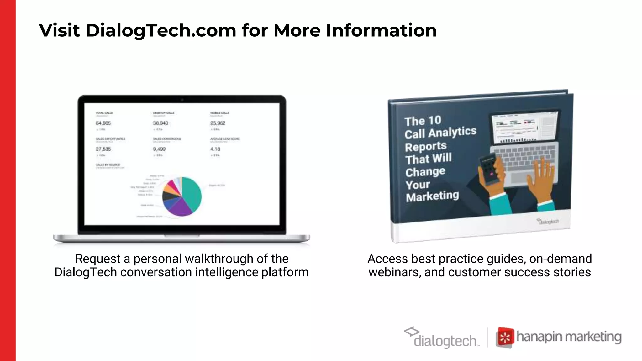 Visit DialogTech.com for More Information
Request a personal walkthrough of the
DialogTech conversation intelligence platform
Access best practice guides, on-demand
webinars, and customer success stories
 